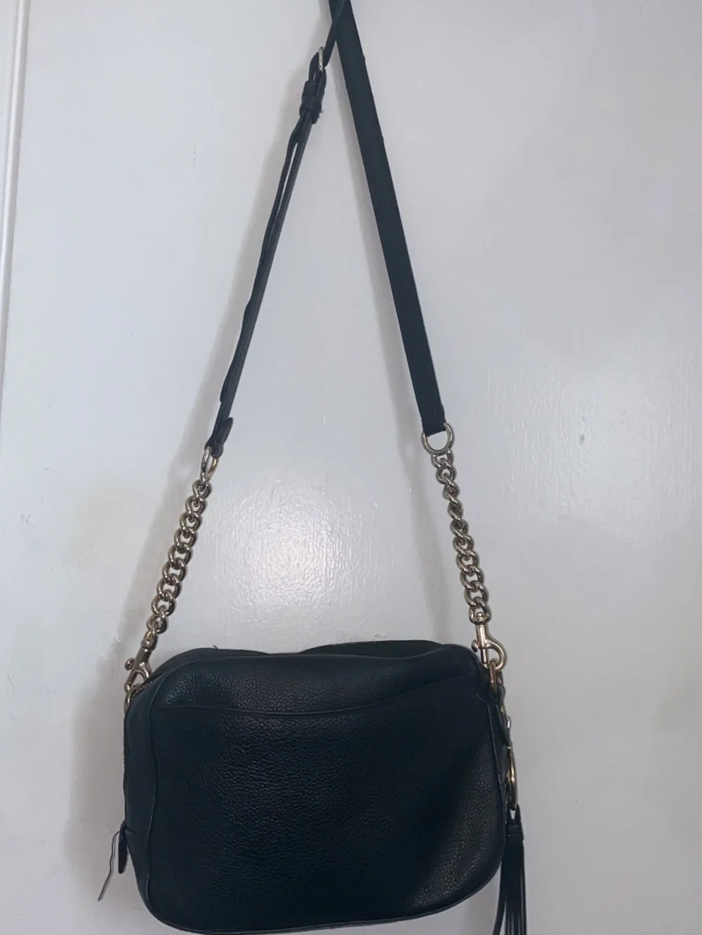 Black Leather Crossbody Bag with Gold Chain Accent